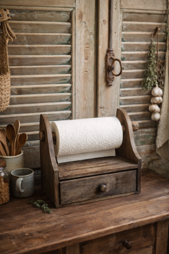 houten keukenrolhouder, keukenrolhouder hout, keukenrolhouder met lade, landelijke keukenaccessoires, rustieke keukenrolhouder, keukenrolhouder aanrecht, keukenrolhouder met opberglade, houten keukenaccessoire, keukenopberger hout, vintage keukenrolhoude